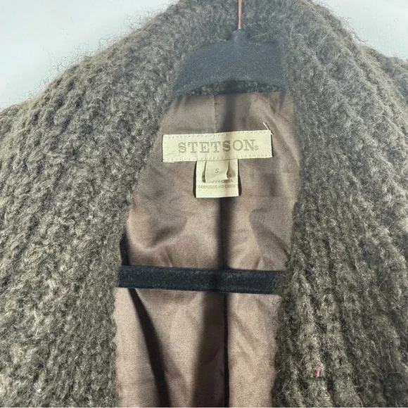 Vintage Stetson Brown Houndstooth Wool Blend Knit Collar Belted Coat Size S - Picture 8 of 14